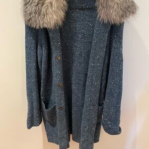 Blue and Gray Cardigan with Luxurious Faux Fur Collar - collar removable